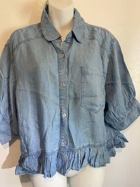 Francesca's Collections Light Blue Ruffle-Hem Denim Blouse